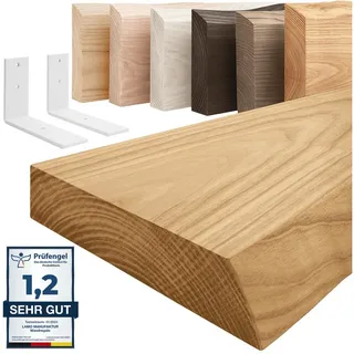LAMO Manufaktur Wandregal Holz Baumkante Regal Farbe: Rustikal mit weißem Basic 100 cm, Komplett-Set, 40mm stake Massivholzplatte 100 cm x 4 cm x 20 cm