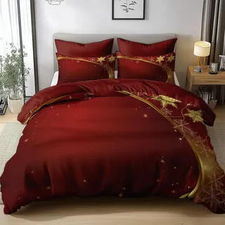 Generisch Bettwäsche 155x220cm Weihnachten Rote Schneeflocken Bettbezug Set, Weich Atmungsaktiv Polyester Baumwolle Bettwäsche 3 teilig, für Erwachsene Kinder mit 2 Kissenbezug 80x80 cm