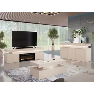MIRJAN24 Wohnzimmer-Set Glossa Bis II, (3er-Set, Kommode, TV-Lowboard mit Kamin, Couchtisch), Weißer LED-Beleuchtung beige