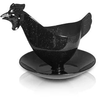 Sonja PLASTIC Eierbecher in Huhnform Schwarz mit Glitzer — ostdeutscher Küchen-Klassiker aus Annaberg-Buchholz (REIFRA) — fröhlicher Frühstückstisch — inkl. Kochbüchlein & Geschenkkarte