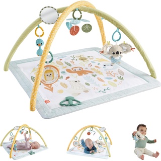 Fisher-Price, Krabbeldecke + Spielbogen, Simply Senses sensorische Erlebnisdecke Spielmatte für Babys mit 6 sensorischen Spielzeugen