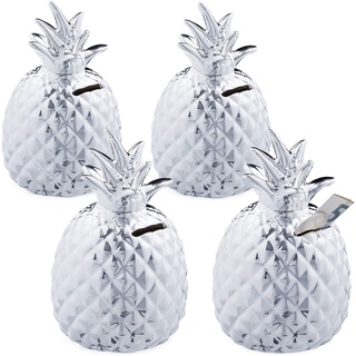 4 x Spardose Ananas, Dekofigur, Sparschwein mit Schloss, 2 Schlüssel, Keramik Sparbüchse, H x D 16 x 9 cm, Silber