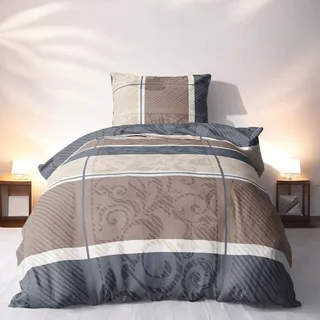 LINKHOFF Biber Bettwäsche 155x220 2tlg - Paisley Muster Fein-Biber Bettwäsche-Set in Taupe Beige - 100% Baumwolle - Kissenbezug 80x80 + Bettbezug 155x220
