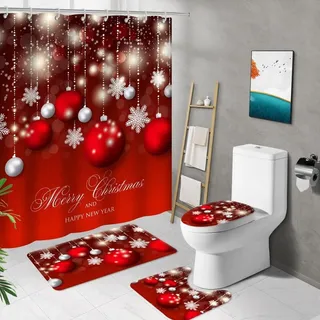 Duschvorhang mit Badematten Set Wasserdicht Weihnachten 180x180 cm - Rot