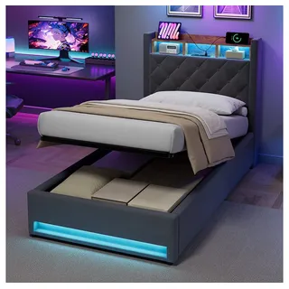 MODFU Polsterbett Funktionsbett Stauraumbett Gästebett (Stilvolles Polsterbett Dunkelgrau aus hochwertigem holländischen Samt mit hochelastischem Schaumstoff, 1-tlg., 90*200), Mit LED-Lichtleiste und USB-Aufladung grau