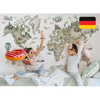 Osomhome Wandtattoo Kinderzimmer Mädchen & Junge: Weltkarte Tiere (170x100cm) | World Map Wall Decoration Wandsticker | Kinder & Babyzimmer Deko | Wall Stickers & Wanddeko Kinderzimmer os5092