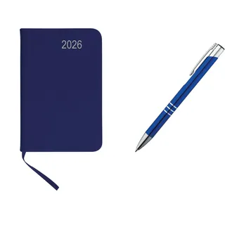 Livepac-Office Taschenkalender 2026 / ca A7 / PU Einband/Farbe: blau + Metall Kugelschreiber