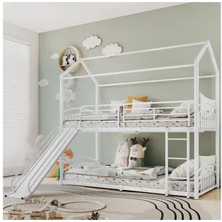 NMonet Etagenbett Kinderbett Metallbett 90x200cm, mit Treppe und Rutsche, Fallschutz und Gitter, Metallrahmen weiß