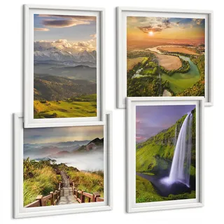 BILDER SET 4er Set - 50x50 cm & 40x60 cm Weißer Rahmen - Ausblicke auf Berge, Flüsse und Wasserfälle