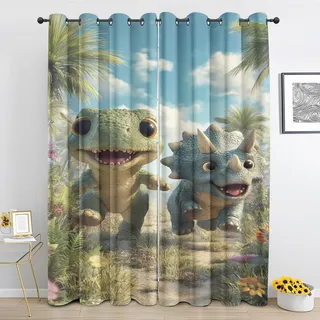 Generisch Süße Baby Dinosaurier Vorhänge mit Ösen, Karikatur Dino Thermovorhang 2er Set, Kinder Jungen Blickdicht Gardinen für Wohnzimmer Schlafzimmer, 230 x 140 cm