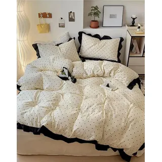 Bettbezug 135X200 mit Rüschen und Punkten – Weiches Gewaschenes Mikrofaser-Bettwäsche-Set für Mädchen und Frauen, Wendbare Französische Bettbezüge mit Rüschen, Kissenbezügen und Reißversch