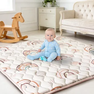 Primluna Baby Krabbelmatte 127x127 cm für Laufstall – Superweiche Spielmatte mit Rutschfester Unterseite, maschinenwaschbar, faltbar, ideal für Boden & Picknick (Regenbogen)