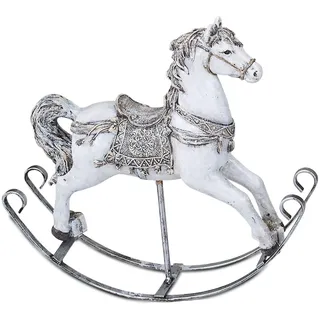 formano Schaukelpferd Weihnachtsdeko 25cm Kunststein Figur Handbemalte Dekofigur Weiß-Silber Winterliche Tischdeko Fensterbankdekoration