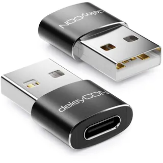 deleyCON USB C Adapter, 2 Stück, C Buchse auf A Stecker - Schwarz | Für Ladekabel, Datenkabel, Ladegerät, Powerbank, iPhone 17 16 15, iPad, AirPods, Watch, Galaxy S26/S25/S24
