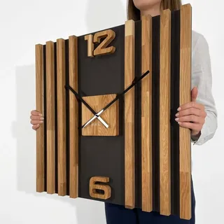 FLEXISTYLE Wanduhr groß modern Holz Eiche lautlos ohne Tickgeräusche Designer Zeitmesser Wand Dekor Wohnzimmer Küche Badezimmer große Wall Clock minimalistisch elegant 60cm