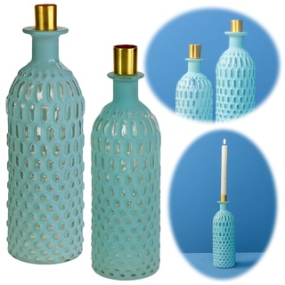 LS-LebenStil Retro Glas-Vase Vintage Türkis Gold 28cm Kerzenhalter Tisch-Vase Blumenvase Väschen Flasche
