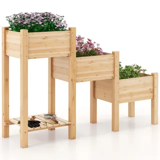 COSTWAY Hochbeet 3 Etagen, erhöhtes Gartenbeet mit Ablage, Pflanzkasten aus Holz, Pflanzenbeet mit Entwässerungslöchern, Frühbeet für Balkon Garten Terrasse, 161x43x104cm, Natur