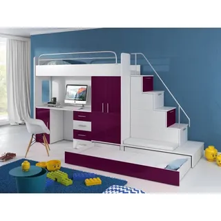 Xlmoebel Etagenbett XLMOEBEL Hochbett mit Schreibtisch und Schrank in Weiß (Hochbett-Set, 1-St., Hochbett mit Schreibtisch und Schrank, Weiß), Made in Europa weiß
