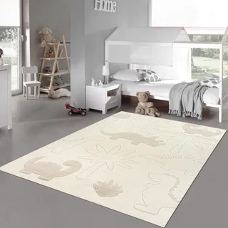 Teppich-Traum Teppich Kinderzimmer Spielzimmer Dino Tiermuster Pflanzenmuster kurzflor strapazierfähig Allergiker geeignet weich in Creme, 200 x 280 cm