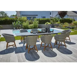 Sunfun Gartenmöbel-Set Maja Stone/Pauline  (9 -tlg., Sintered Stone/Aluminium/Akazie/PE-Geflecht, Anthrazit/Bambus Grey)