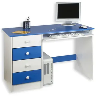 Kinderschreibtisch Schülerschreibtisch MALTE Schreibtisch  mit Tastaturauszug und 4 Schubladen, Kiefer massiv weiß/blau lackiert