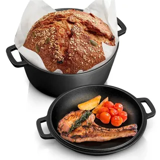 Homikit 26,5cm Gusseisen Topf, 2 im 1 Vorgewürzter Dutch Oven Brottopf mit Deckel, Antihaft Brotbackform für Brot Backen Kochen, Gusseisentopf für Oudoor Indoor, Gesund & Fit Verschiedene Wärmequellen