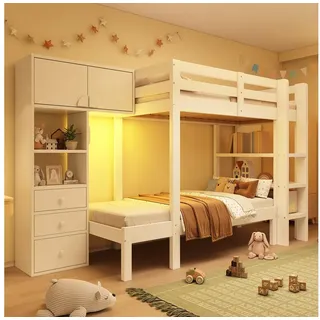OKWISH Hochbett mit intelligentem Nachtlicht (Etagenbett, Doppelbett, Kinderbett, 1-St., 90x200 cm, Matratze nicht dabei) mit Schrank, Regal und Schubladen