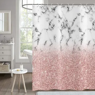 Hnmdmyi Duschvorhang Rosa 240x180, Rose Gold Glitzer Duschvorhänge Grau und Weiß Marmor Optik Badewanne Vorhang Abstrakt Modern Luxus Kunst Wasserdicht Polyester Stoff Waschbar Badevorhang mit Haken