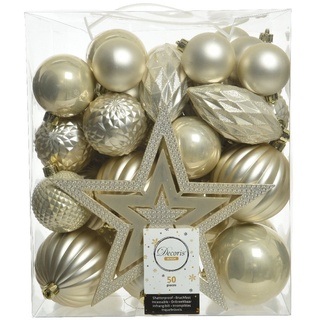 Decoris season decorations Christbaumschmuck, Weihnachtskugeln Kunststoff mit Christbaumstern 50er Set - Perle goldfarben