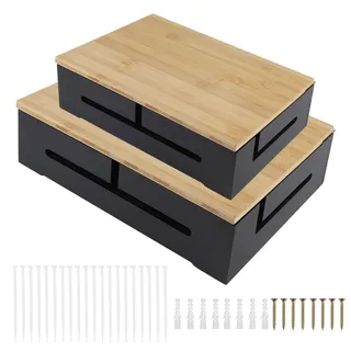 DBREAKS 2X Kabelmanagement Box, Kabelbox Holz, Kabel Organizer Box, Schwarz | Wandmontierbare Kabelbox mit magnetischem Bambus-Deckel und Kabelbindern, Kabelkasten für Schreibtisch & TV Cable Organizer