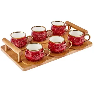 Karaca Bambus Rot Kaffeetassen-Set 90 ml, 6 Personen, mit Tablett