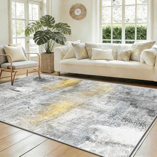WQMMD Moderner Teppich 200x300 cm Wohnzimmer Kurzflor Teppich Grau Gold Abstrakt Design Weich rutschfest Pflegeleicht Großer Teppich für Wohnzimmer Schlafzimmer Esszimmer