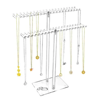 Kettenhalter Schmuck Kettenständer,2 Stöckig Schmuckständer mit 80 Haken Acryl Ketten Halterung Schmuck Transparent Kettenständer schmuck Halsketten Ständer für Ohrringe Armbänder Ring Armband,1 Stück