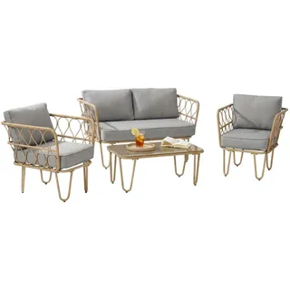 Outsunny 4-teilig Rattan-PE Lounge-Set 129cm Sofa & Sessel Sitzgruppe 4 Personen Terrassenmöbel mit Glastisch & 7 Kissen Gartenmöbel-Set Grau - Grau