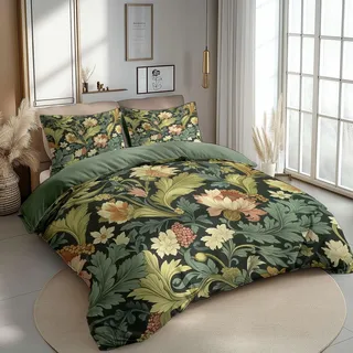 CozyRest Bettbezug 135 x 200 cm Grüne Blätter und Blumen Muster 3 Teilig Bettwäsche-Sets Weich Mikrofaser mit 2 mal Kissenbezüge 80x80 cm, Bügelfrei Knitterfrei Grün Bettbezug für Allergiker geeignet
