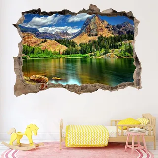 Landschaft Wandtattoo Mädchen Kinderzimmer Dekorative Abnehmbare 3D Wandsticker Berge See 80 cm x 120 cm Vinyl Wand Aufkleber für Wohnzimmer, Schlafzimmer
