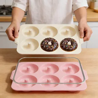 Toeusog 2-Stück Silikon Donuts Backform: 10,2cn Donut Form Groß 6 Hohlräume mit Metallrahmen - Antihaft Donutform Bagel Backen - Antihaft Donutblech Backzubehör zum Kindergeburtstage (Rosa & Beige)