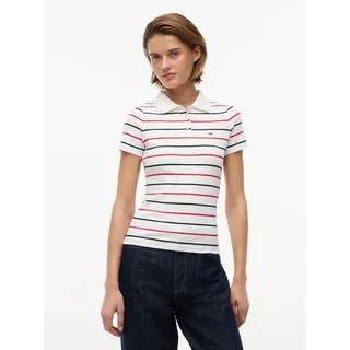 Poloshirt TOMMY JEANS "TJW SLIM RIB SS POLO", Damen, Gr. XS (34), weiß (ecru, multi stripe), Single Jersey, Obermaterial: 95% Baumwolle, 5% Elasthan, gestreift, slim fit hüftlang, V-Ausschnitt, Shirts, mit gerippter Struktur