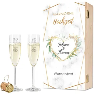 GRAVURZEILE Leonardo Sektgläser mit Gravur - Marmorne Hochzeit 90 Jahre - Personalisiert mit Namen & Datum inkl. Holzkiste - Geschenk zur Hochzeit Verlobung Jahrestag - Farbe: Sekt
