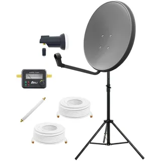 ARLI 60 cm SAT Anlage grau mit Single LNB Stativ Satfinder 2×5 m Kabel Fensterdurchführung Satellitenschüssel Camping Balkon Garten Terrasse Wohnmobil Antennenstativ Ständer mit Heringen Set
