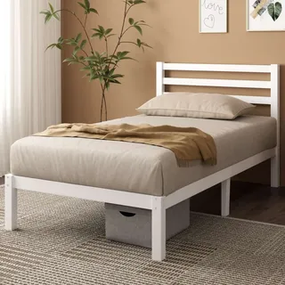 Zinus Leah Bett 90x200 cm - Bettgestell mit Lattenrost - Bett aus Bambus und Holz - Bettrahmen mit Kopfteil - Einzelbett - Weiß - Weiß