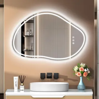PESENXAN Badspiegel mit Beleuchtung 80x53cm, Asymmetrischer Spiegel mit Beleuchtung 3 Lichtfarben Dimmbar, Beschlagfrei, Touchschalter, LED Spiegel Bad IP44 Energiesparend Für Badezimmer
