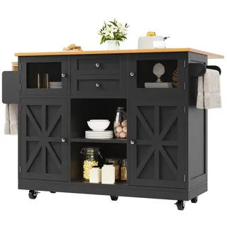 Refined Living Kücheninsel Esszimmerwagen auf Rollen,Küchenwagen mit Arbeitsplatte,Küchenschrank, (Buffetwagen mit Weinregal und Handtuchhalter, klappbare Seitenwände, mit Schublade & Türen, Esszimmerwagen Kücheninsel mit Arbeitsplatte Küchenwagen mit Weinrega, Küchenmöbel, Küchenwagen klappbar, Mobiler Weinschrank), beweglicher Servierwagen für Küche, Wohnzimmer & Esszimmer schwarz