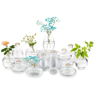 Glasvase für Tafelaufsätze: 12 Stück, Glasseam mit Goldrand, Mini-Vasen für Blumen, Großpackung, Blumenvasen-Set, ästhetisch, niedlich, handgefertigt, klein, kurz, Hochzeitstischdekoration,
