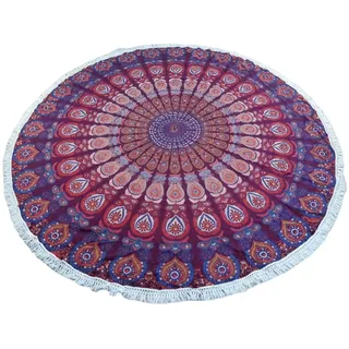 GURU SHOP Rundes Indisches Mandala Tuch, Boho Tagesdecke, Picknickdecke, Stranddecke, Runde Tischdecke - Rot/lila, 180x180 cm