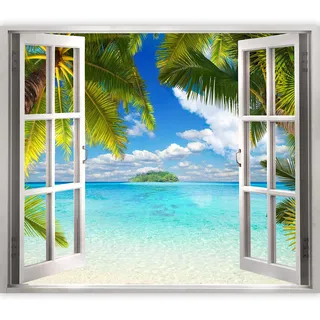 murando 3D WANDILLUSION Wandbild Tropische Insel Fototapete Poster XXL Fensterblick Vlies Leinwand Panorama Bilder Dekoration Wasserfall Meer Strand Himmel Palmen Holiday 210x150 cm