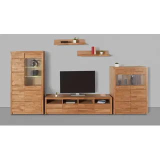OTTO home Wohnwand Silkeborg: 5-teilig, Breite: 360cm, Griffmulden, variable Einlegeboden, (Set, 5-St), Fronten aus Massivholz und Korpus aus Holzwerkstoff braun