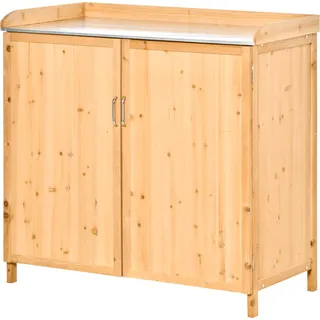Outsunny 2-in-1 Gartenpflanztisch Mit Schrank Und Ablage – Gestell Aus Verzinktem Stahl Und Vorgeölte Zedernholzplatte