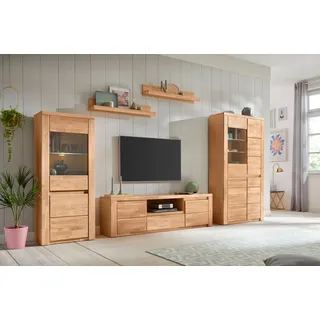 Wohnwand OTTO HOME "BURANO 3-teilig, Lowboard mit Kabeldurchführung, Breite 310cm", braun (eiche teilmassiv), Holzwerkstoff eichefarben (Korpus) / Massivholz Eiche (Front), Holz teilmassiv, Kastenmöbel-Sets, Wohnwand, Fronten aus Massivholz, Korpus aus Melamin, verstellbare Einlegeboden