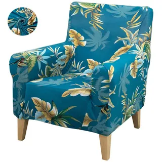 BTTO Sesselhusse Sofabezug Geblümt,Couchbezug 1 Sitzer,Sessel-Schutzhülle, Stretch Holz Arm Stuhl Abdeckung blau